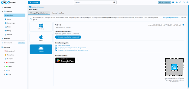 247connect dashboard showing the Android installer page with version details, system requirements, installation guides, Google Play download button and a QR code to connect devices.